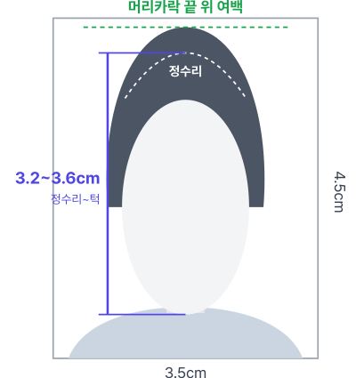여권사진 규격 도식 — 가로 3.5cm, 세로 4.5cm, 정수리부터 턱까지 3.2~3.6cm, 머리카락 끝 위 흰 여백